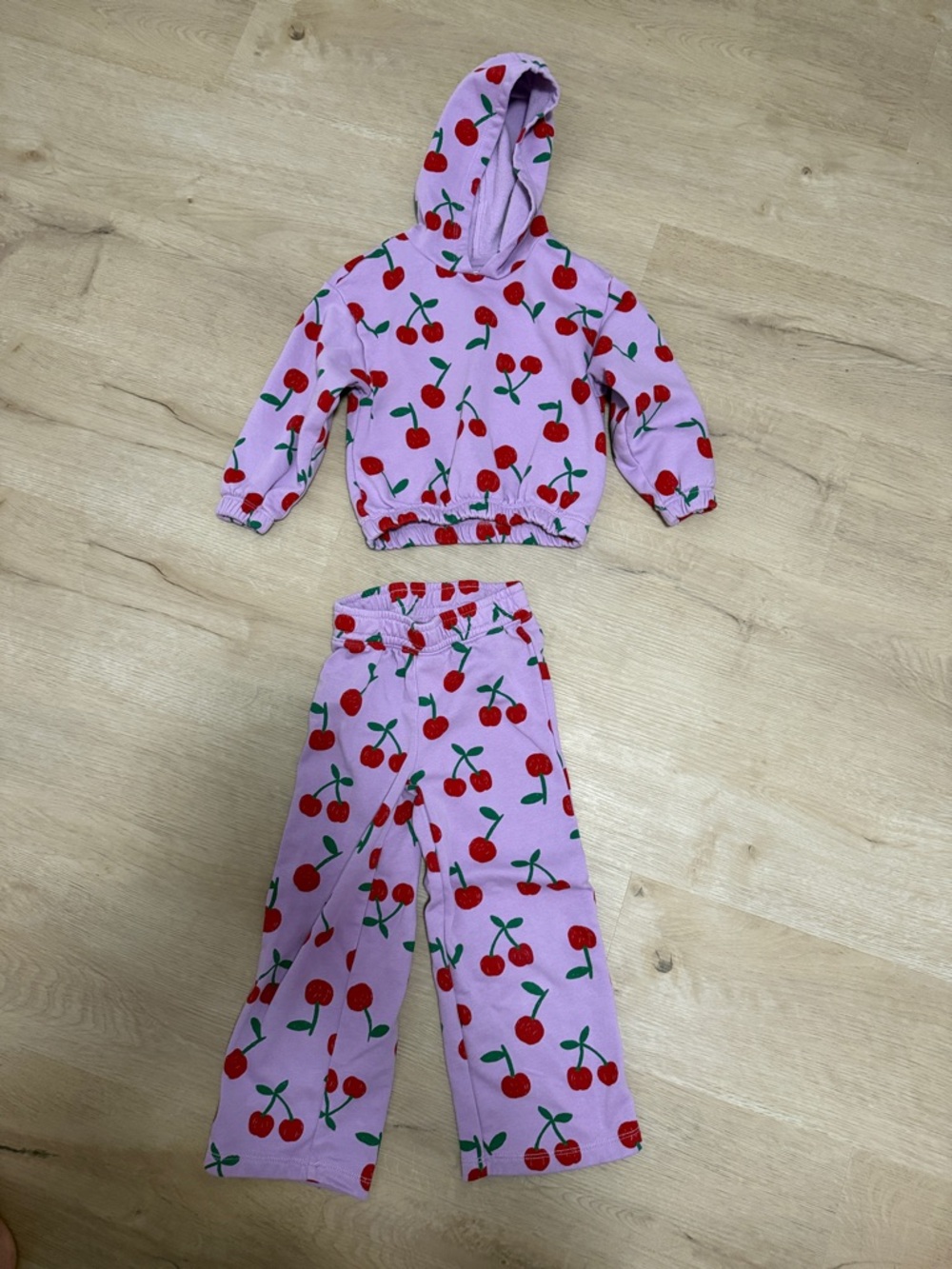 Old Navy Pink Cherry Hooded Pajama Set with Red Cherry Print